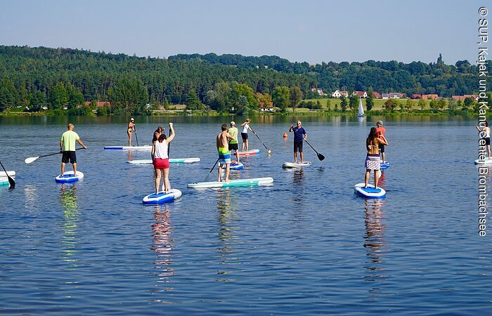 Eine Gruppe Sportler steht auf ihren SUPs und paddelt über den See.
