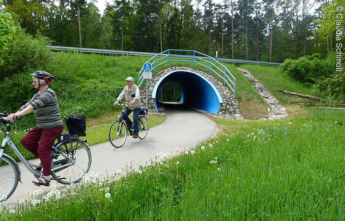 Zwei ältere Radfahrer radeln aus einem kleinen Tunnel der unter einer Bahnstrecke hindurch führt. Recht uns links vom Weg grüne Wiesen.