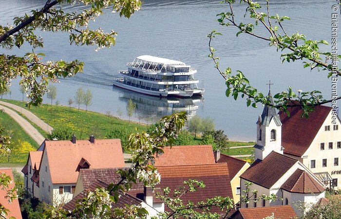 Blick von einer erhebung auf einen See. Darauf fährt ein großes Personenschiff in der Nähe des grünen Ufers entlang. Am See eine Wohnsiedlung.