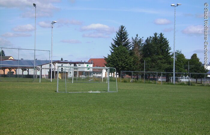 Blick auf eine Hälfte eines Sportplatzes mit Fußballtor. Im Hintergrund sind links ein Sportheim und rechts eine Baumreihe zu erkennen.