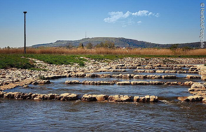 Bachgeplätscher Ein breiter flacher Bach fließt durch eine grüne Landschaft. Im Bach eine Fischtreppe aus Steinen. Am Ufer des Baches liegen Steine.