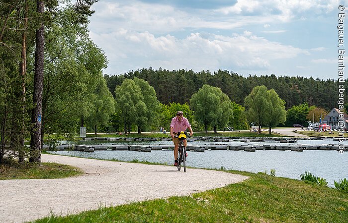 Ein Radfahrer fährt auf einem Radweg direkt am See. Entlang des Schotterwegs wachsen grüne Bäume und Sträucher.