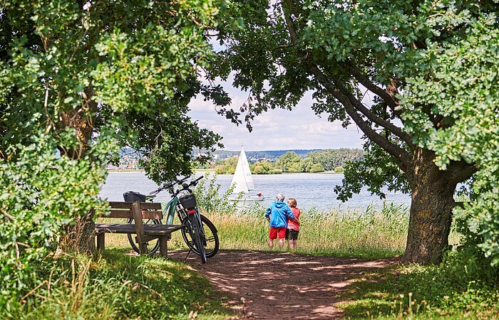 Blick durch grüne Bäume auf zwei Radler die eine Pause am Seeufer machen. Sie stehen am grünen Ufer und blicken auf den See auf welchem ein Segelschiff fährt.